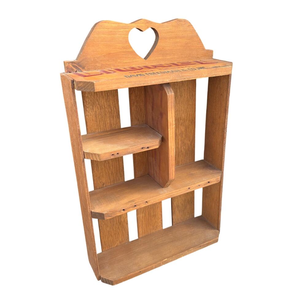 MCM Vintage Wooden Wall Shelf w Pegs and Heart 4 openings - Made from Crate 22”h